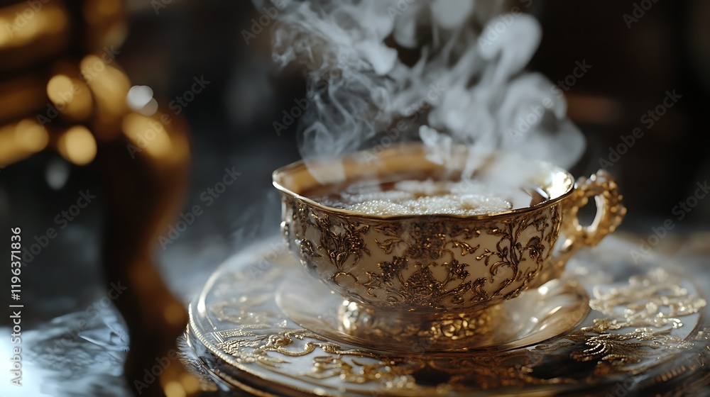 An upclose look towards a teacup filling the vessel with steaming tea
