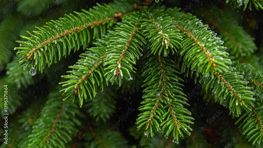 Close-up of Lush Evergreen Fir Branches in the Rain Close-up of Lush Evergreen Fir Branches in the Rain