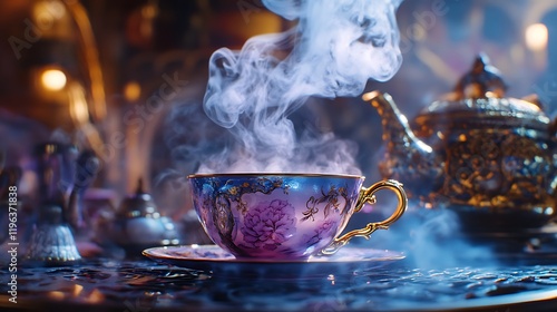 Obraz na płótnie An upclose look towards a teacup filling the vessel with steaming tea w salonie