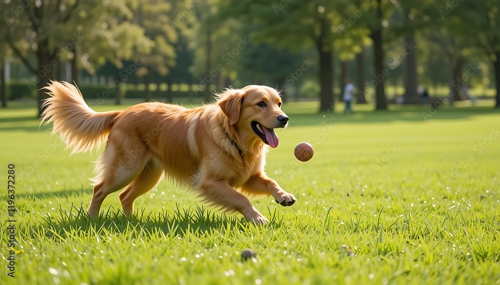 Happy Golden Retriever Dog Running in Green Grass Park, Fetching a Ball, Sunny Day Happy Golden Retriever Dog Running in Green Grass Park, Fetching a Ball, Sunny Day