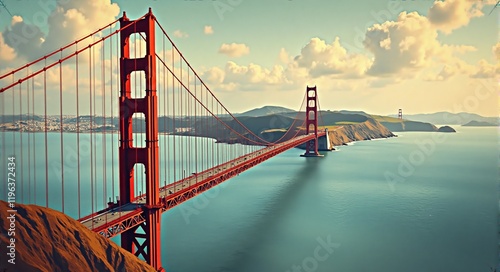 An image of a red bridge connecting two banks across a large river