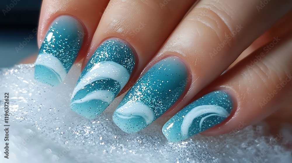 Aqua nails with shimmering glitter waves resembling ocean foam