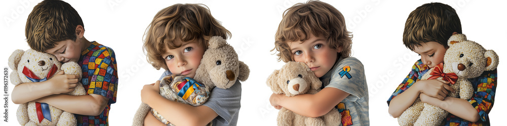 set of A child wearing an autism awareness ribbon shirt hugs a stuffed animal, a child hugging a stuffed animal, awareness ribbon clothing, on a transparent backgrounds set of A child wearing an autism awareness ribbon shirt hugs a stuffed animal, a child hugging a stuffed animal, awareness ribbon clothing, on a transparent backgrounds