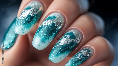 Obraz na płótnie Aqua nails with shimmering glitter waves resembling ocean foam w salonie