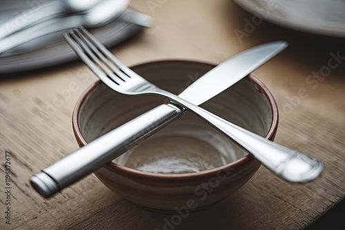 Fork and knife crossed over an empty bowl on a wooden table photo