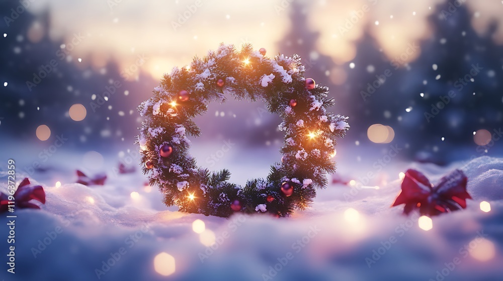 At dusk a bright wreath floats over a glittering landscape covered in snow