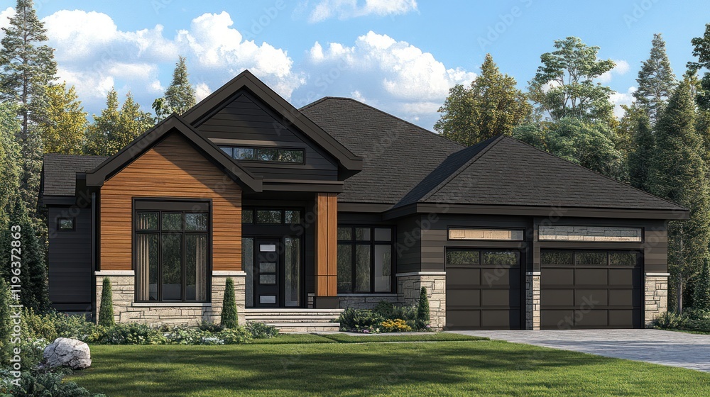 Modern Two-Story House Design with Wood and Stone Exterior Modern Two-Story House Design with Wood and Stone Exterior