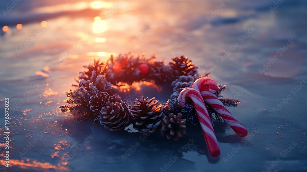 At dusk a wreath composed of pinecones and candy canes lies on an icy lake