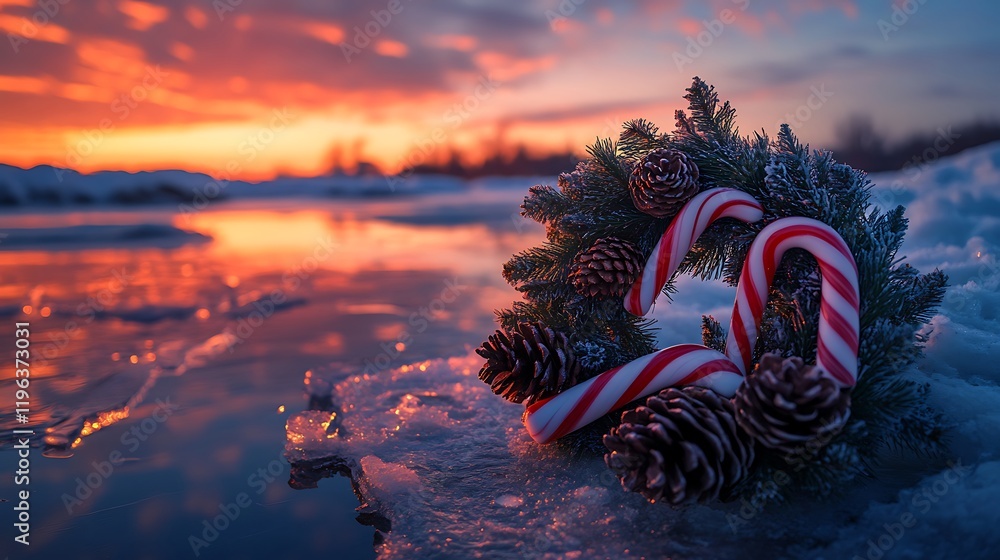 At dusk a wreath composed of pinecones and candy canes lies on an icy lake