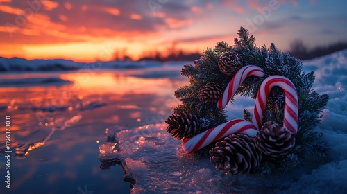 Obraz na płótnie At dusk a wreath composed of pinecones and candy canes lies on an icy lake w salonie