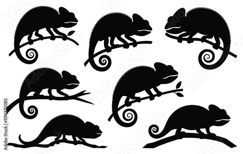 Set of chameleons silhouette on branches vector illustration