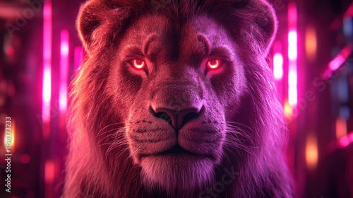 Fierce lion, neon background, digital art, poster photo