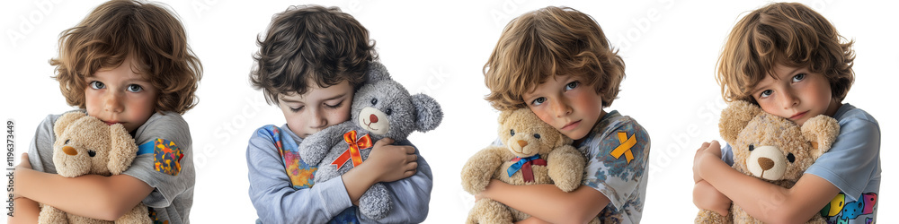 set of A child wearing an autism awareness ribbon shirt hugs a stuffed animal, a child hugging a stuffed animal, awareness ribbon clothing, on a transparent backgrounds set of A child wearing an autism awareness ribbon shirt hugs a stuffed animal, a child hugging a stuffed animal, awareness ribbon clothing, on a transparent backgrounds