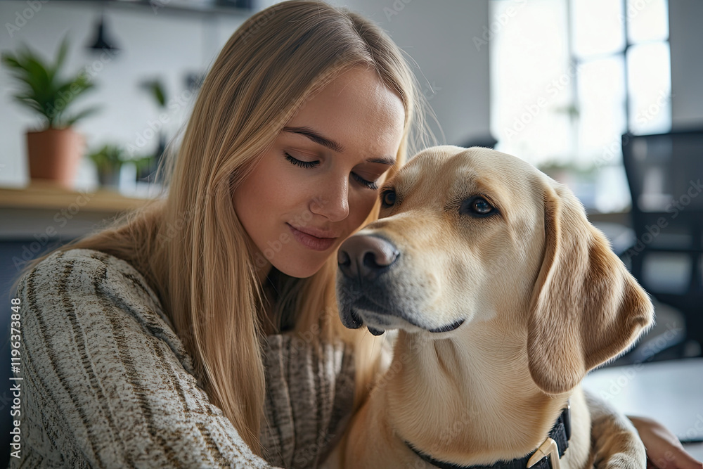 Professional woman with a visual impairment working with a guide dog at the office Professional woman with a visual impairment working with a guide dog at the office