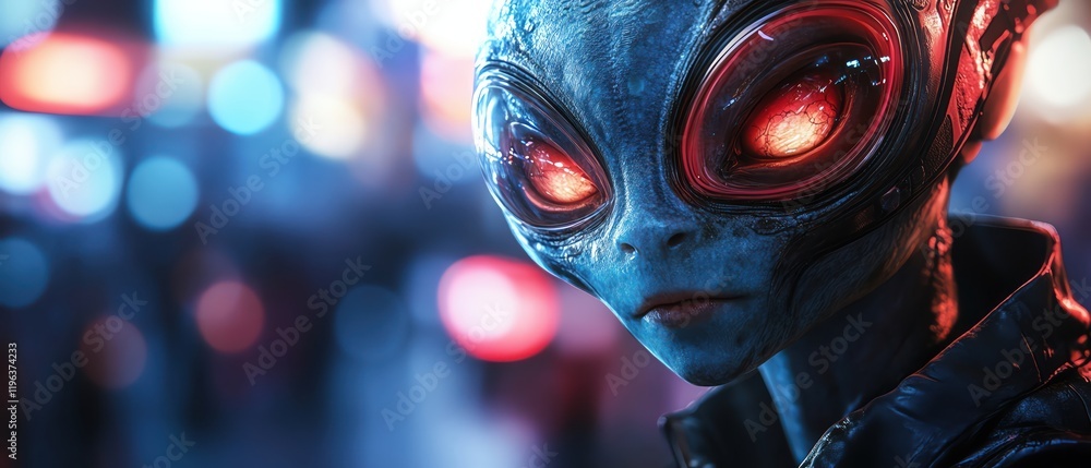 Alien head with glowing eyes, dark background, neon lights Alien head with glowing eyes, dark background, neon lights