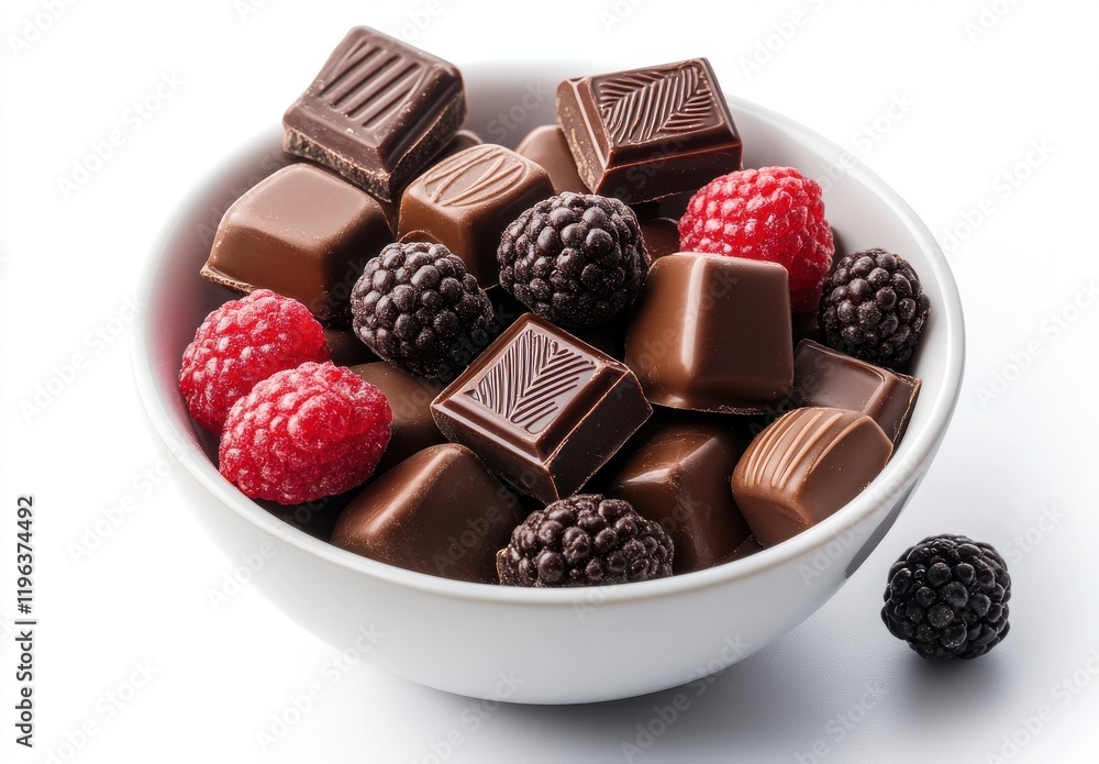 Assorted Dark and Milk Chocolate Pieces with Fresh Raspberries and Blackberries in a White Bowl on a Bright Background for Gourmet Treats Assorted Dark and Milk Chocolate Pieces with Fresh Raspberries and Blackberries in a White Bowl on a Bright Background for Gourmet Treats