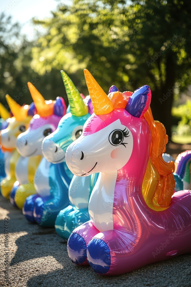 Fototapeta premium Colorful unicorn inflatables lined up, outdoor setting