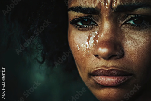 Woman with tears in her eyes, showing sadness or emotion photo