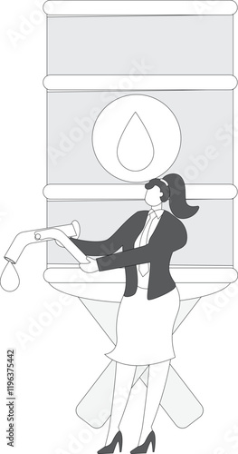 Global crude oil shortage, the amount of crude oil reserves is getting smaller, world oil crisis concept, sad businesswoman leaning on a dead crude oil tap from an empty barrel