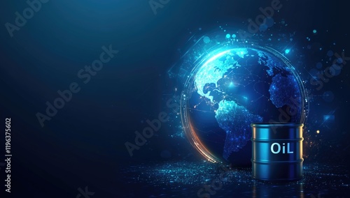 A digital artwork displays a glowing globe with city lights and an oil barrel nearby, symbolizing the interconnection of global economies and the oil industry photo