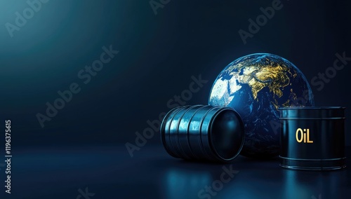 A digital artwork displays a glowing globe with city lights and an oil barrel nearby, symbolizing the interconnection of global economies and the oil industry photo