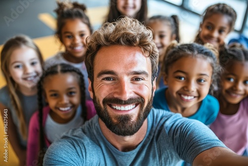 Happy PE teacher and school kids taking selfie during exercise class. Generative AI