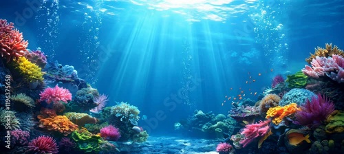 Beautiful underwater seabed life with coral. Marine wildlife nature panorama. Generative video AI technology.	
