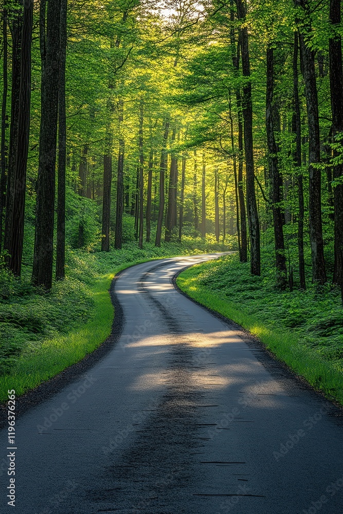 Fototapeta premium Sunlit forest road, lush greenery, peaceful and serene atmosphere