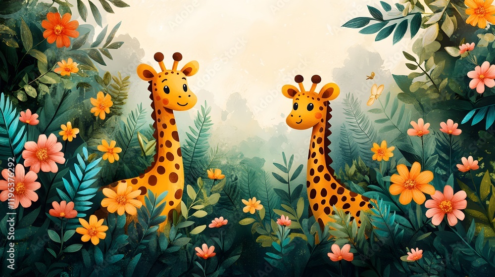 Obraz premium A vibrant illustration of endangered animals surrounded by blooming plants and trees under a clear sky