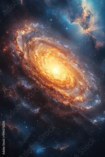 Spiral galaxy view from space, vibrant colors, wide angle, cosmic photo