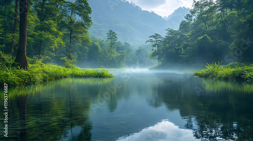 A serene river winding through a forest with animals drinking water and lush greenery on the banks