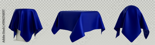 Objects covered with blue silk cloth set isolated on transparent background. Vector realistic illustration of 3d table and stage under satin drape, hidden surprise, award ceremony, presentation unveil