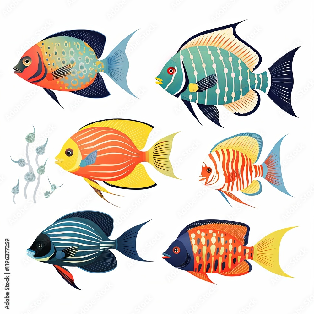 Naklejka premium This illustration features vibrant tropical fish in various colors and shapes swimming gracefully. Their vivid colors contrast beautifully against a clean white background.