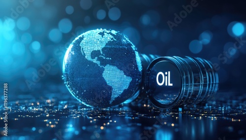 A digital artwork displays a glowing globe with city lights and an oil barrel nearby, symbolizing the interconnection of global economies and the oil industry photo