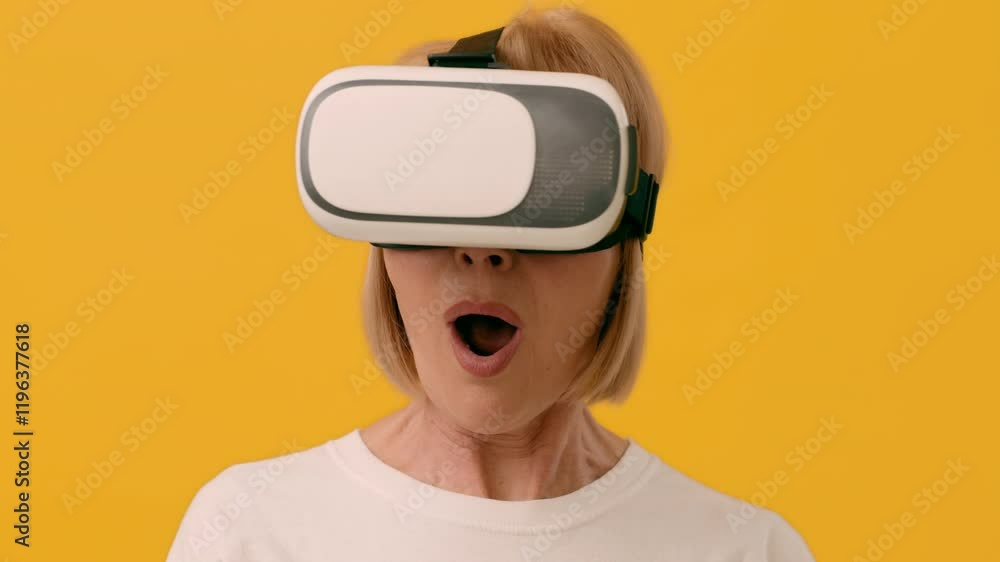 A woman shows enthusiasm while wearing a virtual reality headset, fully engaged in a digital experience, with her surprised expression highlighted against a vibrant yellow background. A woman shows enthusiasm while wearing a virtual reality headset, fully engaged in a digital experience, with her surprised expression highlighted against a vibrant yellow background.