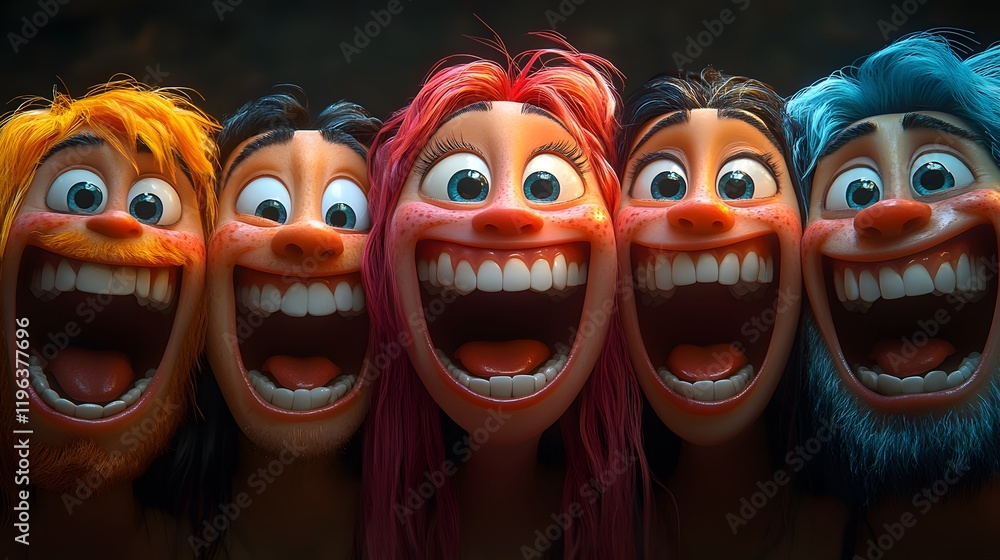 Obraz premium A creative campaign poster for National Laughter Day featuring animated characters with big smiles and laughter