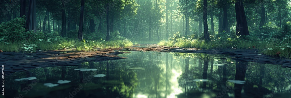 Low poly forest scene, gentle rain creating puddles, trees reflected in water, tranquil atmosphere, vibrant colors, immersive landscape Low poly forest scene, gentle rain creating puddles, trees reflected in water, tranquil atmosphere, vibrant colors, immersive landscape