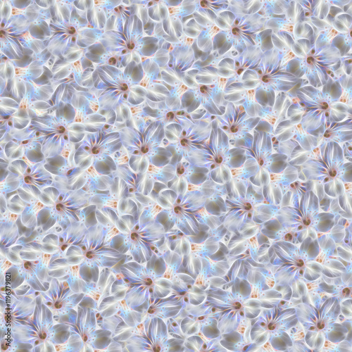 Seamless pattern of delicate white flowers with soft blue and orange accents for artistic design.