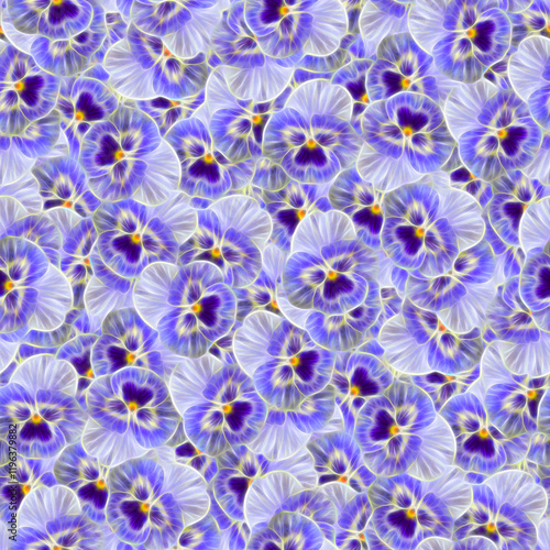Seamless pattern of vibrant blue and purple pansy flowers with yellow centers for artistic design.