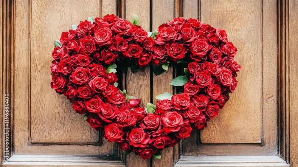 Heart-Shaped Red Rose Wreath on Wooden Door Heart-Shaped Red Rose Wreath on Wooden Door