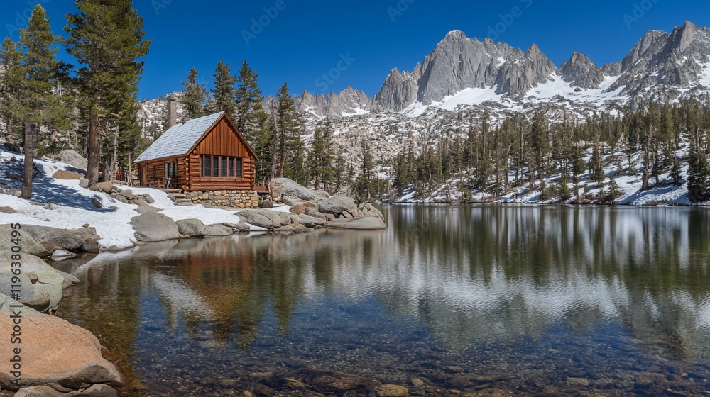 Fototapeta premium Secluded mountain cabin by pristine lake reflecting snow-capped peaks under a clear blue sky.
