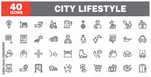 Set of 40 line icons city lifestyle. Outline icon collection. Editable stroke. Vector illustration.