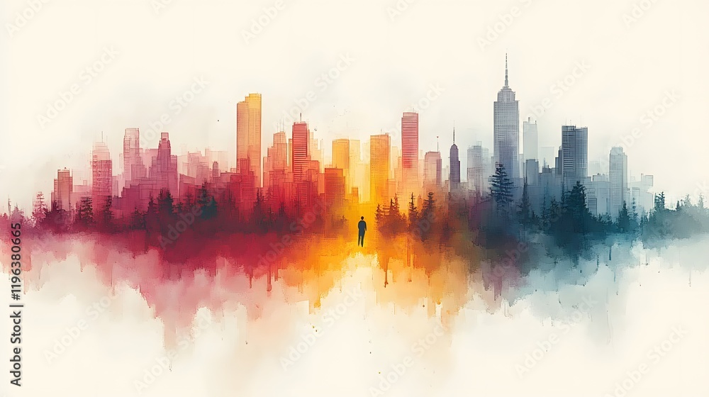 A vibrant watercolor of a cityscape with water-efficient infrastructure, celebrating innovation A vibrant watercolor of a cityscape with water-efficient infrastructure, celebrating innovation