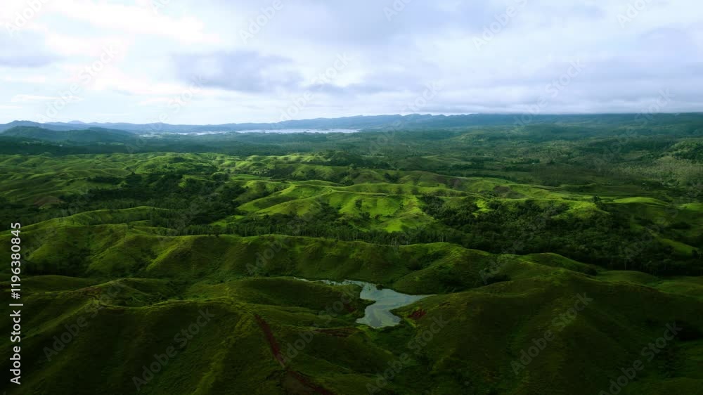Aerial view of the pond in green hills and valleys of Sogeri Papua New Guinea Aerial view of the pond in green hills and valleys of Sogeri Papua New Guinea
