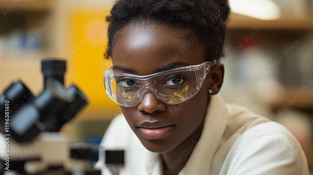 Focused Black Female Scientist in Lab Coat using Microscope Science Research Focused Black Female Scientist in Lab Coat using Microscope Science Research