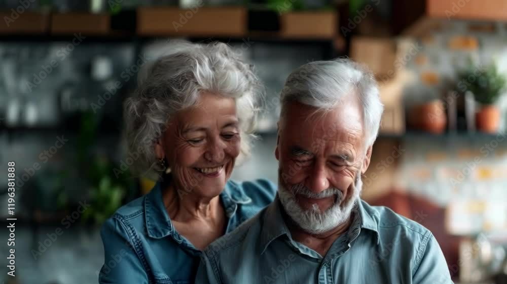 A happy senior couple holding a cardboard box in their hands and smiling at the camera A happy senior couple holding a cardboard box in their hands and smiling at the camera