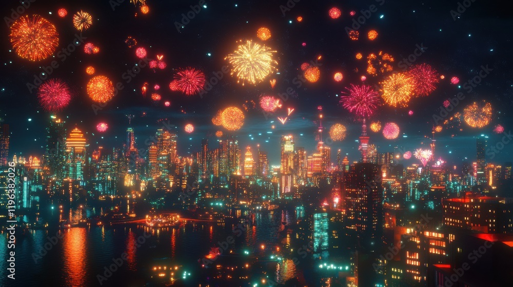 Diwali background featuring vibrant fireworks over an illuminated cityscape Diwali background featuring vibrant fireworks over an illuminated cityscape