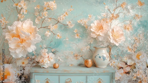 Pastel peach paper flowers and antique dresser against a floral backdrop.