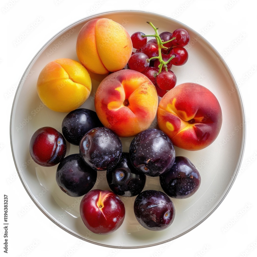A plate of assorted stone fruits including peaches and plums, isolated white background, modern art style A plate of assorted stone fruits including peaches and plums, isolated white background, modern art style