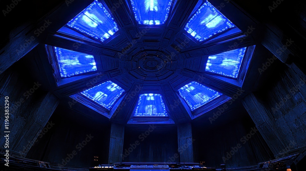 Obraz premium Futuristic Blue Illuminated Ceiling Architecture Interior Design Modern Room